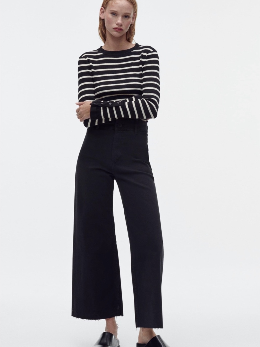 Zara cropped High-Waist Wide Leg Marine denim Jeans - Black